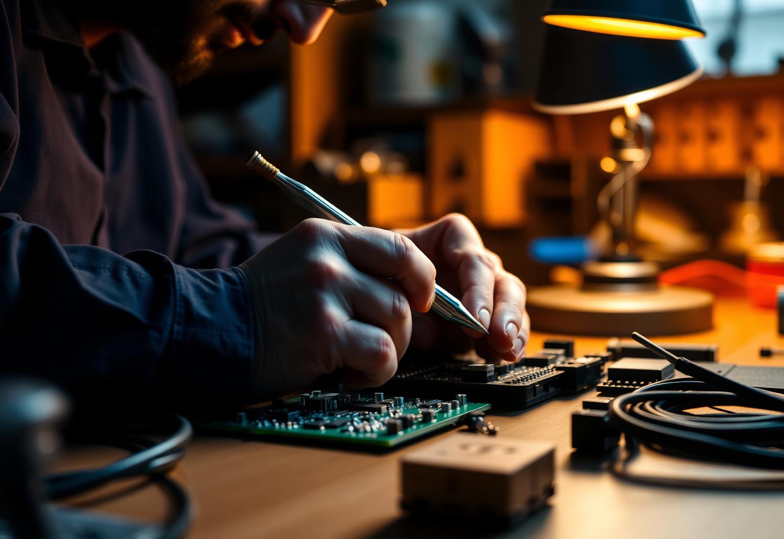 Hands of an engineer assembling a circuit board at a workbench in Gilbert, Arizona