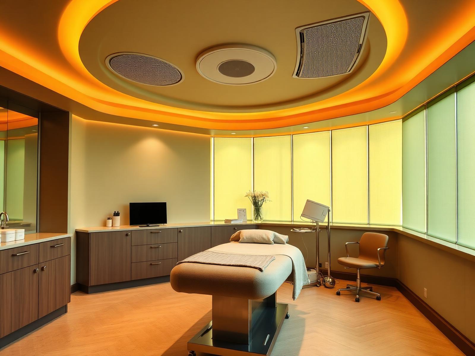 Modern spa treatment room with subtle ceiling speakers and warm amber lighting